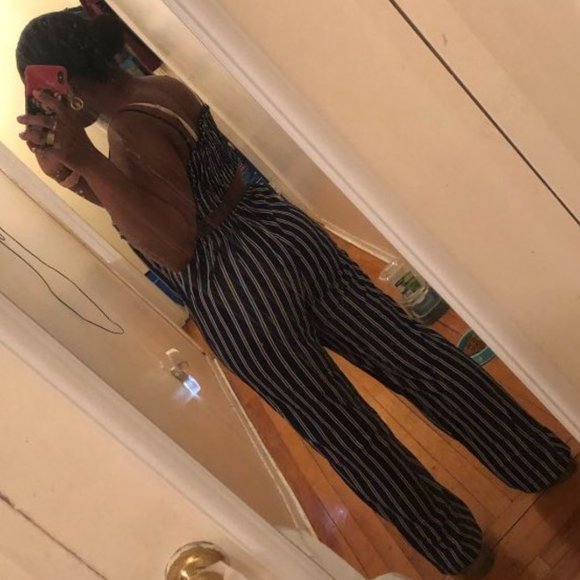Navy Blue & White Striped Sleeveless Jumpsuit Tank - Picture 10 of 16